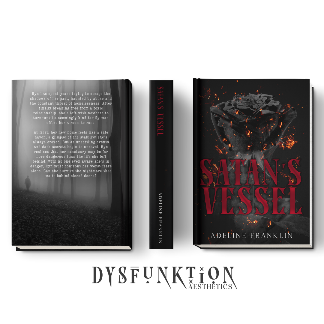 Custom book cover design featuring black rose with fire embers and red typography 