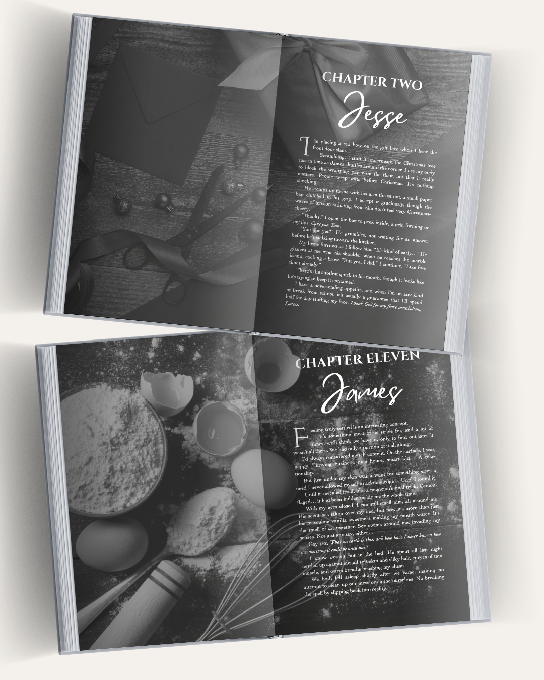 Open book showing black and white pages with text and images, including chapter titles and descriptions.